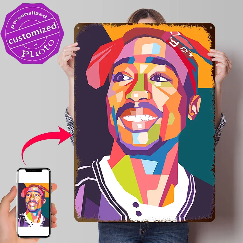 Tupac Shakur Colorful Pop Art Portrait 3D Texture Printed Poster Custom Vintage Metal Tin Plate Sign for Wall Art Room Decor Men