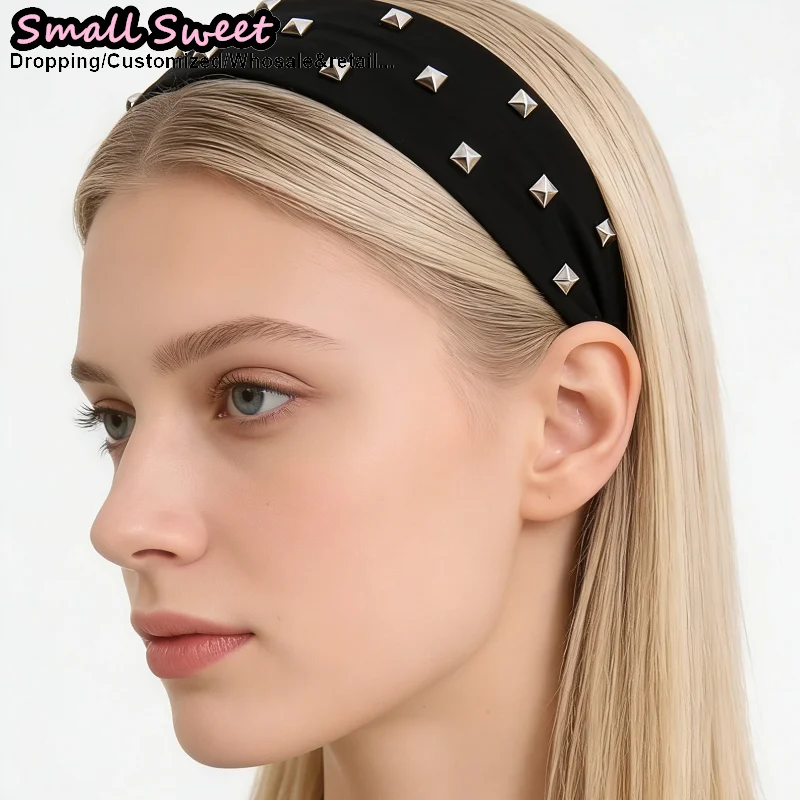 European American Gothic Punk Y2K Wide Rivet Headband for Women Sports Headwrap Hip Hop Hair Hoop Fashion Hair Accessories