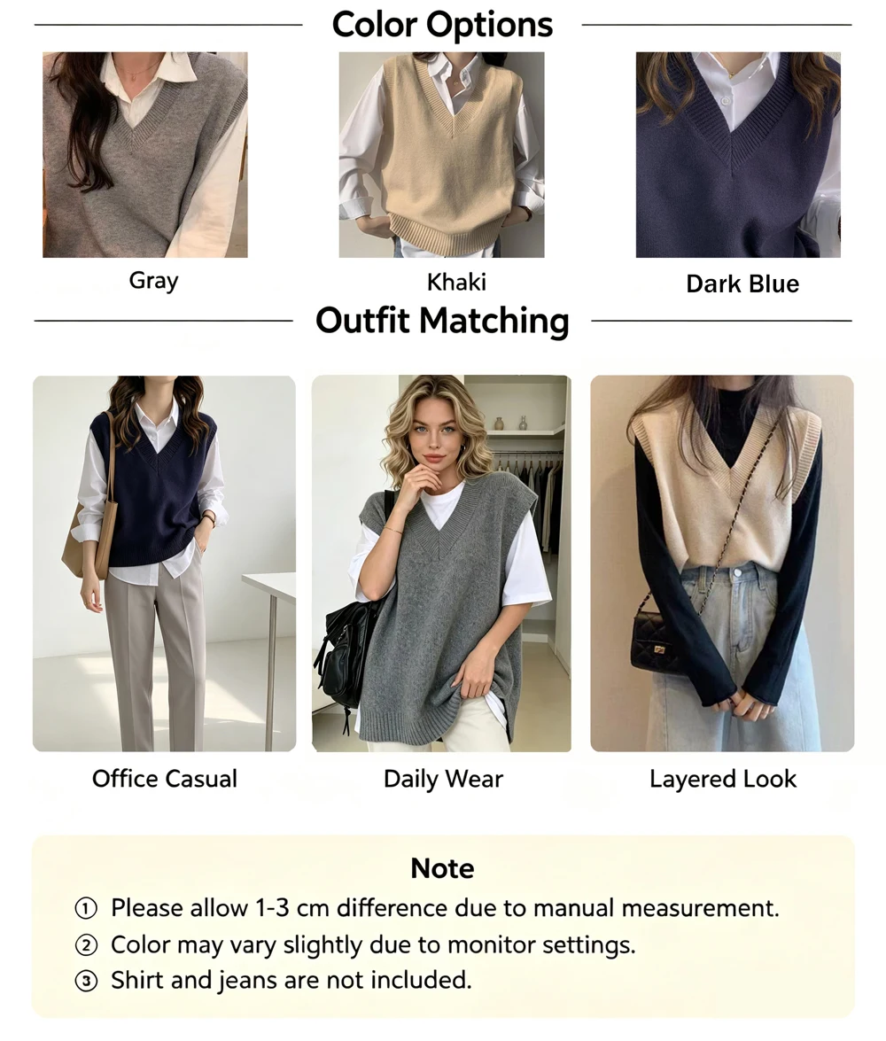 Herbstliche Koreanische Damen-Strickweste, Einfarbig, Lässig, V-Ausschnitt, Khaki-Farbe, Ärmellos, Elegante Oversize-Strickwaren-Weste – Detail 3