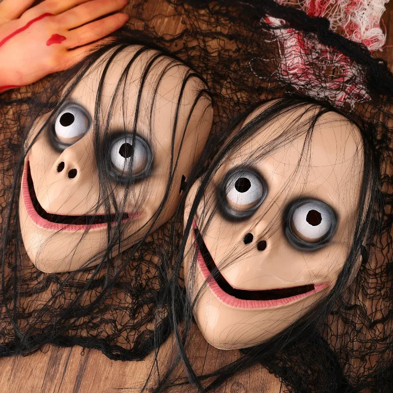 2025 Halloween Horror con maschera per capelli lunghi Maschera divertente Maschera per bocca a forma di V con capelli Fantasma femminile Gioco di ruolo Festival Maschera spaventosa