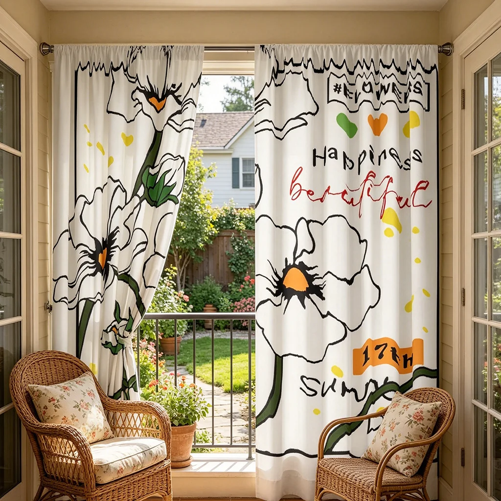 2PCS Curtains, White with Hand-Drawn Floral & Letter Print, Rod Pocket Style, Suitable for Bedroom and Living Room