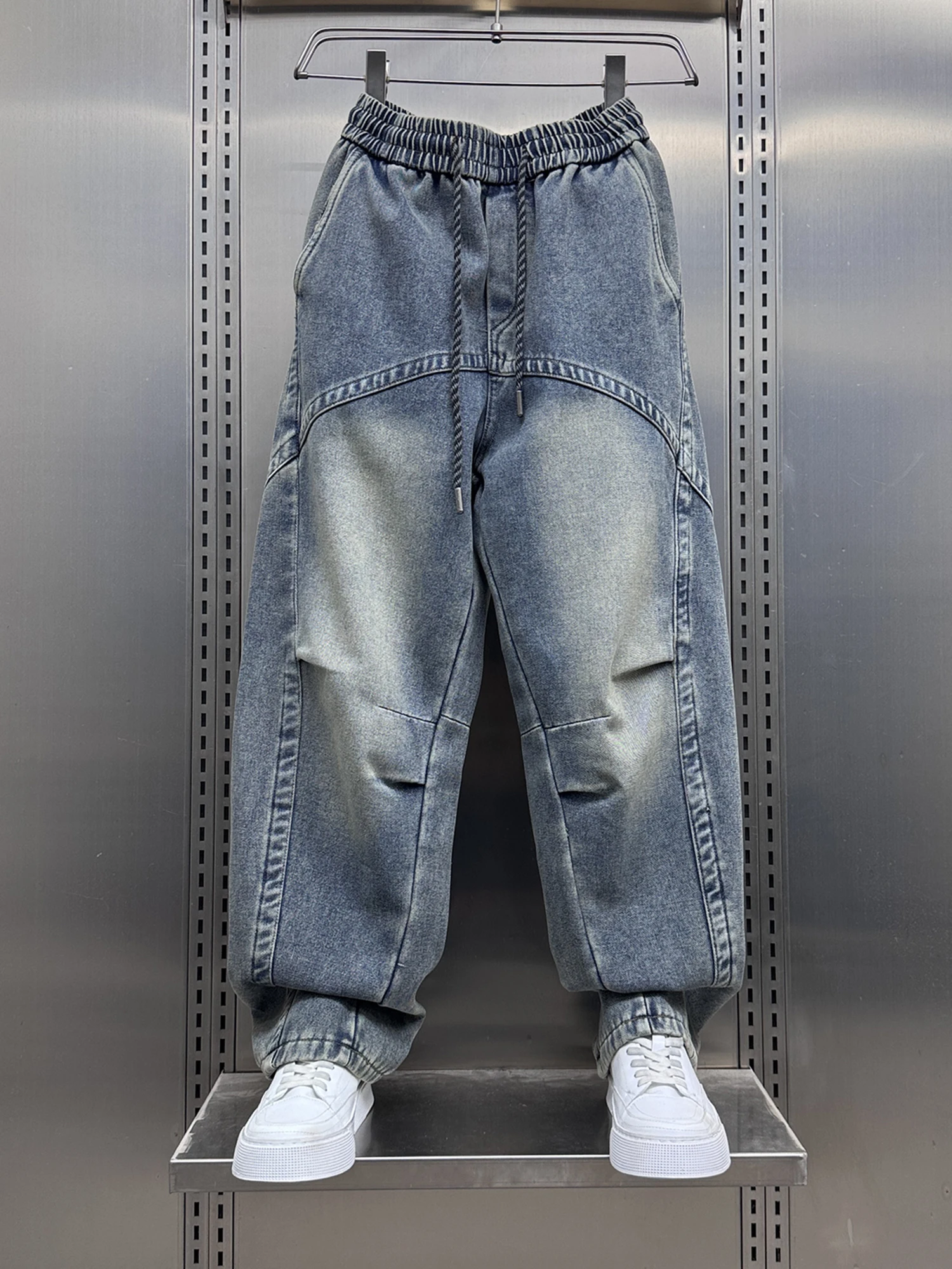 

Retro Patchwork Fce Lined Loose Fit Men's Jeans Sli Streetwear Straight Leg Trousers Comfortable Elastic Waist Casual ...