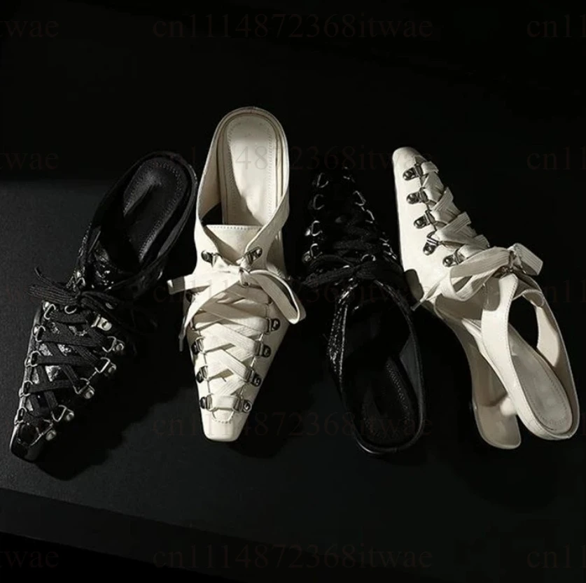 Pointed Toe Lace‑Up Block Heel Mules For Women Retro Backless Sandals Rivet Ornament Slip‑On High Heel Evening Dress Footwear
