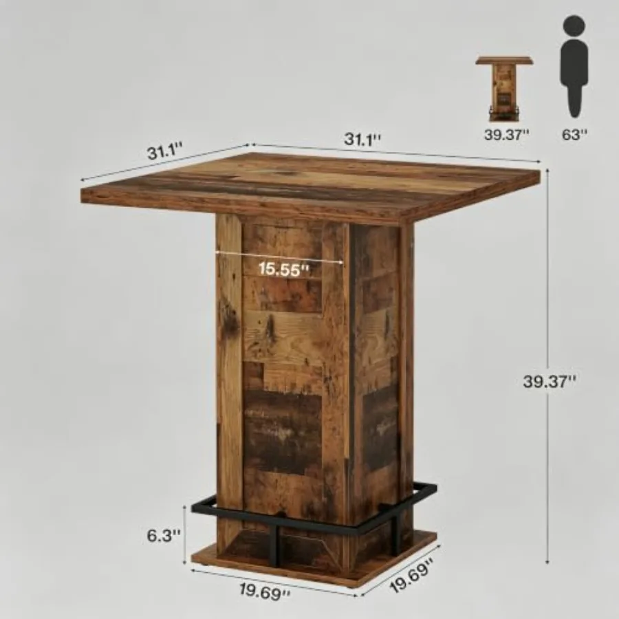 Square Bar Height Table, 39.4 H Counter Height Pub Table in Black Metal with Footrest for Dining Room, Kitchen, Restaurant, Caf