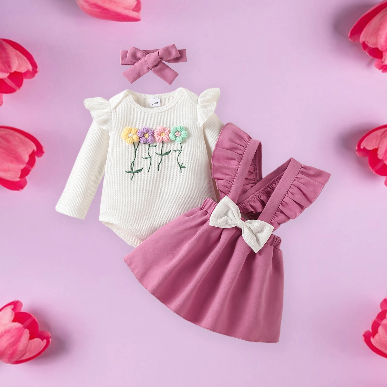 

Infant Baby Girl Fall Clothes Long Sleeve Flower Romper Flying Sleeve Bow Dress with Headband 3Pcs Outfit