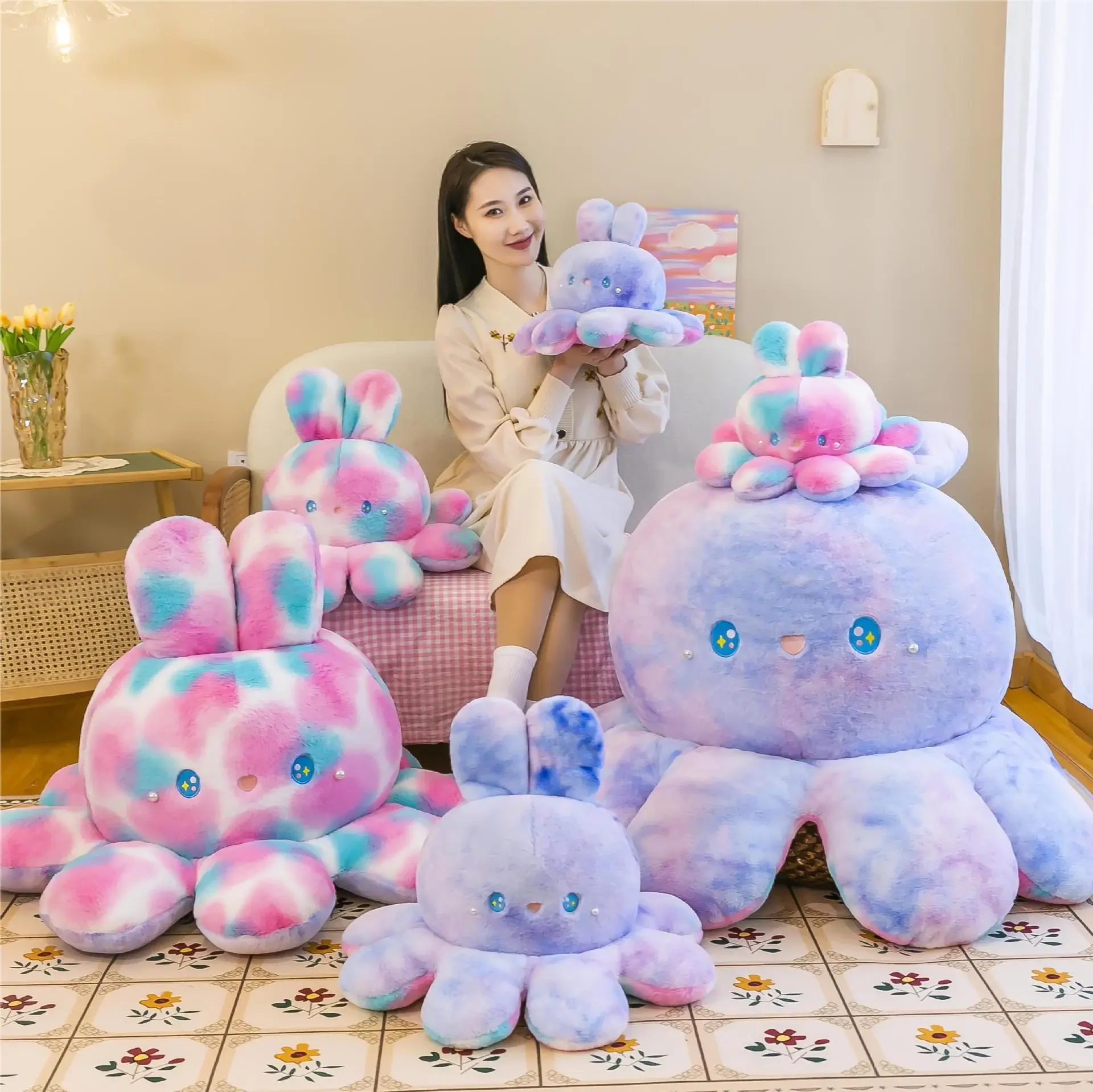

35-50cm Flip Over Octopus Rabbit Doll Emotion Double Sided Flip Face Changing Octopus Plush Toy Doll Pillow Rabbit Cloth Doll