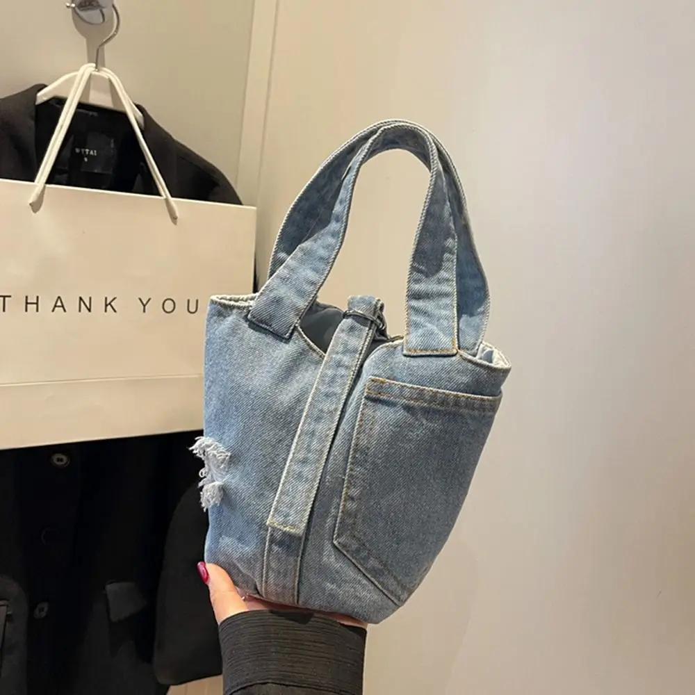 Simple Large Capacity Denim Bucket Bag With Hole Phone Pockets Tote Bag Shoulder Bag Handbag Canvas Lunch Bag Girls