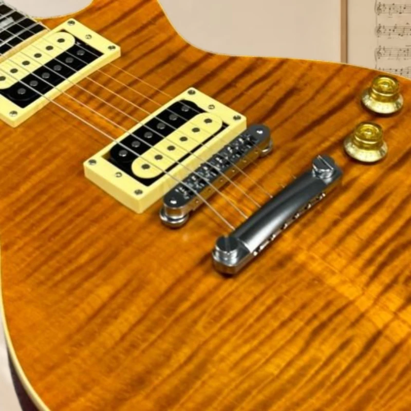 Amber Flame Top LPS Style Electric Guitar Dual Humbucker Vintage Solid Body Rock Guitar Free Shipping