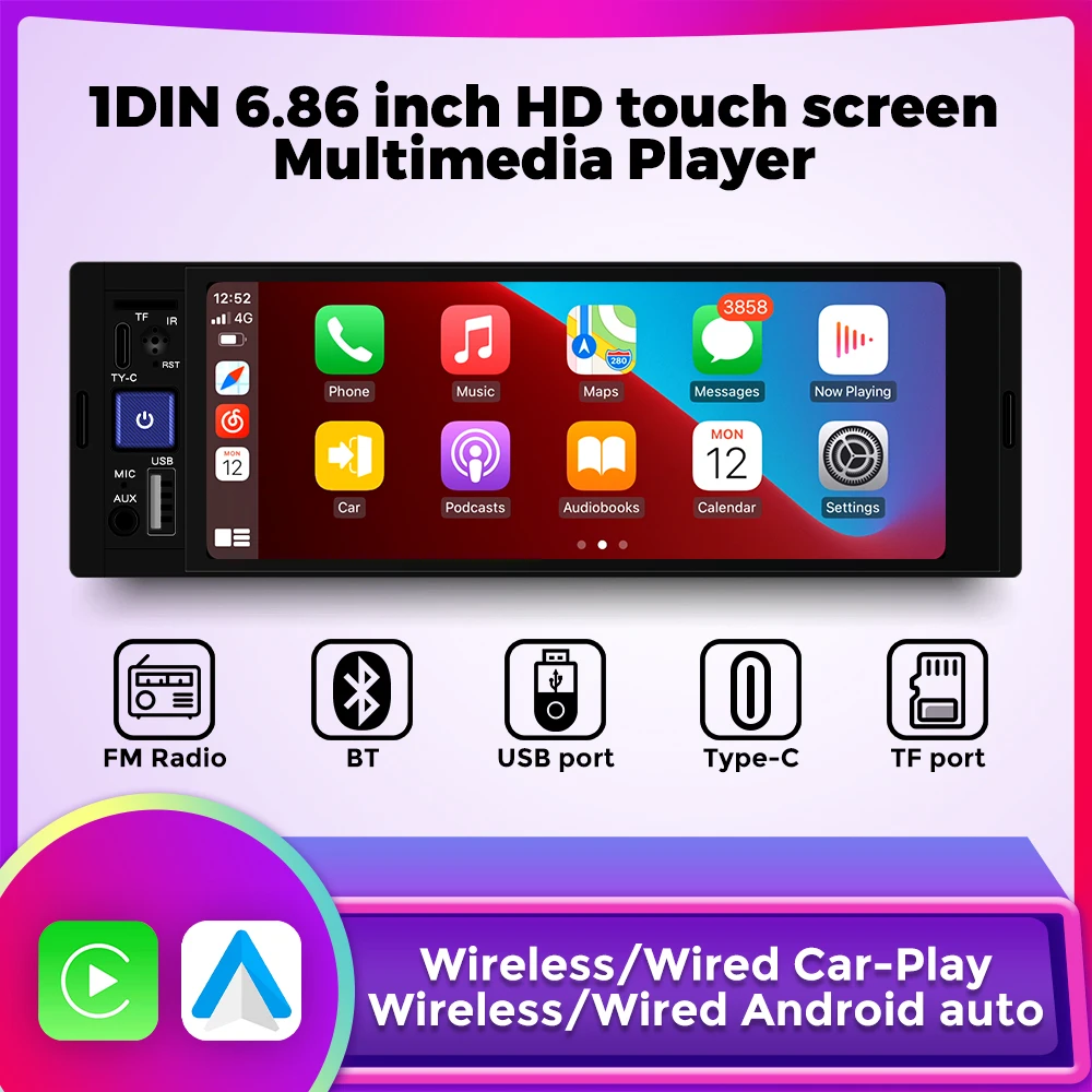 1DIN MP5 6.86-Inch Car Radio For Universal Multimedia Video Player HD Touch Support Wireless Carplay Android AUTO AUX USB SWC BT