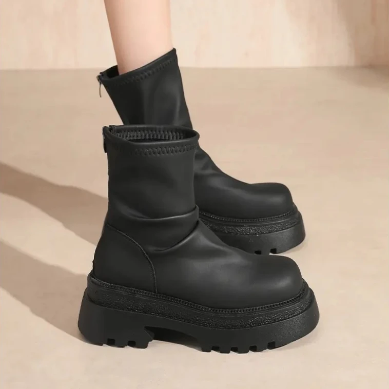 

Women Short Booties Platform Shoes Woman Heel Fashion Back Zippers Ankle Booties Female Retro Style Autumn Winter Female Shoes