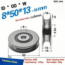 1Pc 8x50x13mm metal bearing U-groove wheel with groove pulley r3/r5 steel wire rope roller weaving machine guide wheel