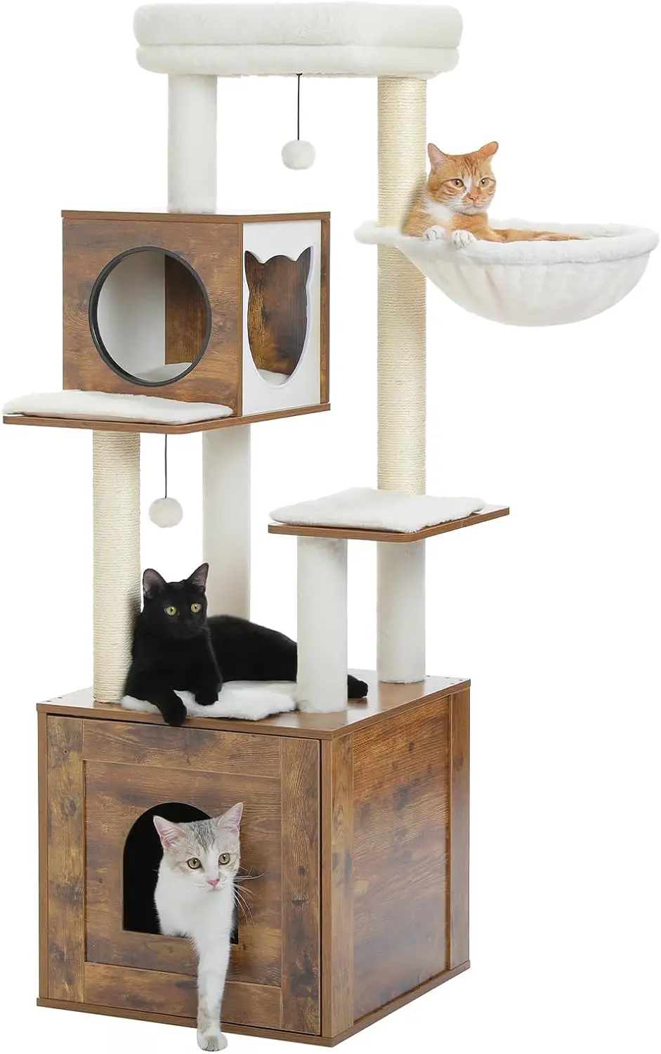 Indoor Wood Brown Cat Tree, Litter Box Enclosure, Storage Cabinet, Replaceable Dangling Balls