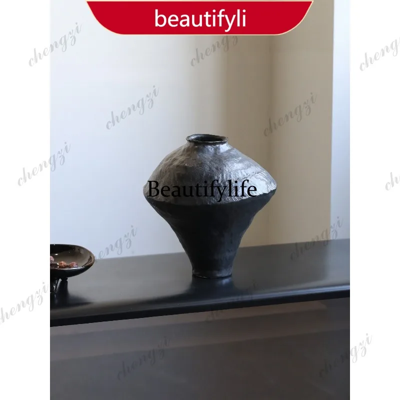 F150 Black wabi sandy wind vase ceramic ornament porch living room decorative flower utensils, pottery pot high sense