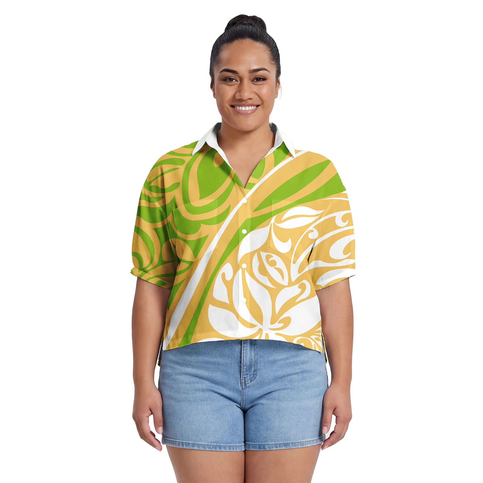 Latest Custom Lady Clothes Samoan Printing Ladies Tops Hawaiian Short Shirt Turn-down Collar Women's Blouses & Shirts Polynesian