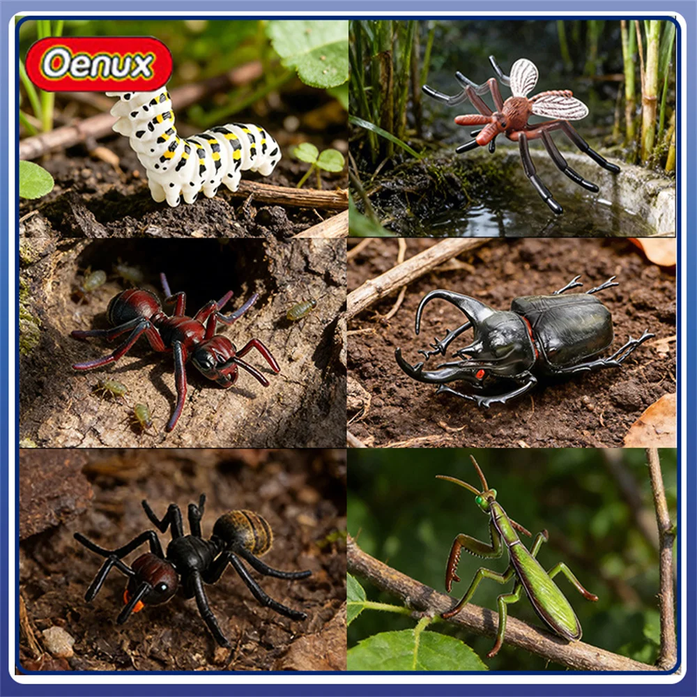 Oenux Realistic Insect Figurines Mosquito Swallowtail Caterpillar Cricket Ant Stag Beetle Mantis Bee Models for Collection