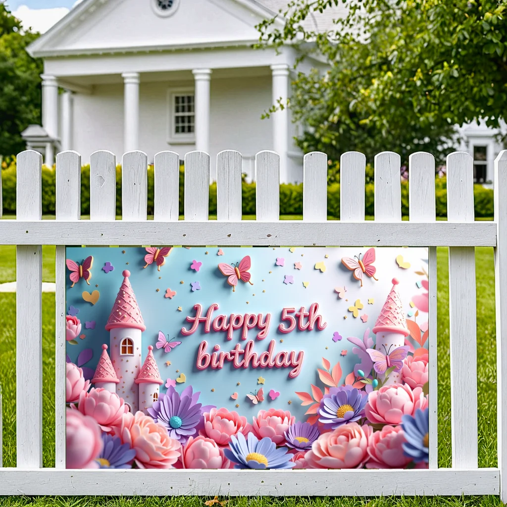 Floral Birthday banner Fun Customizable Lightweight Castle scene Engaging Backdrop for Party