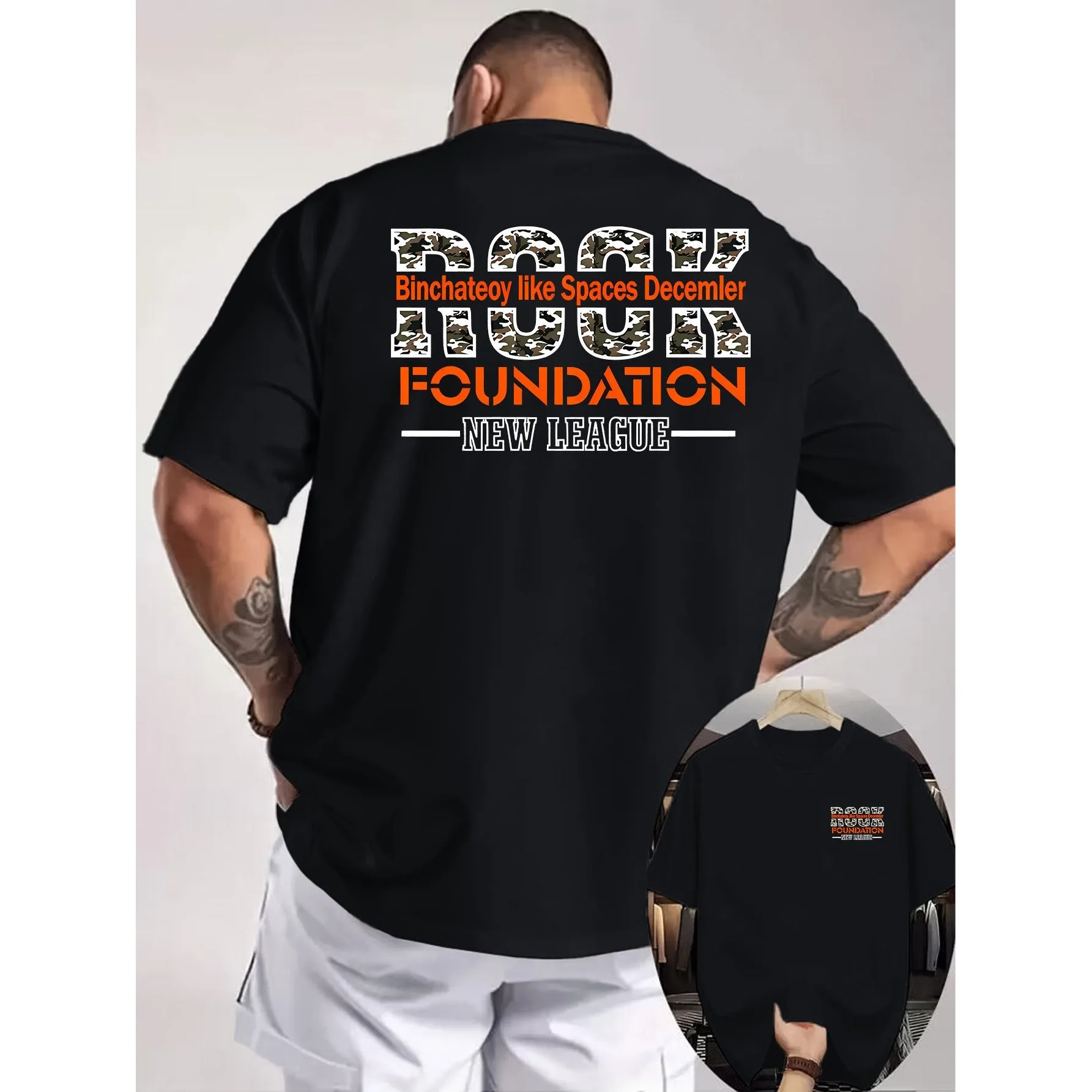 Rock Foundation Camouflage Graphic Tee Men Loose Fit Breathable Cotton Streetwear
