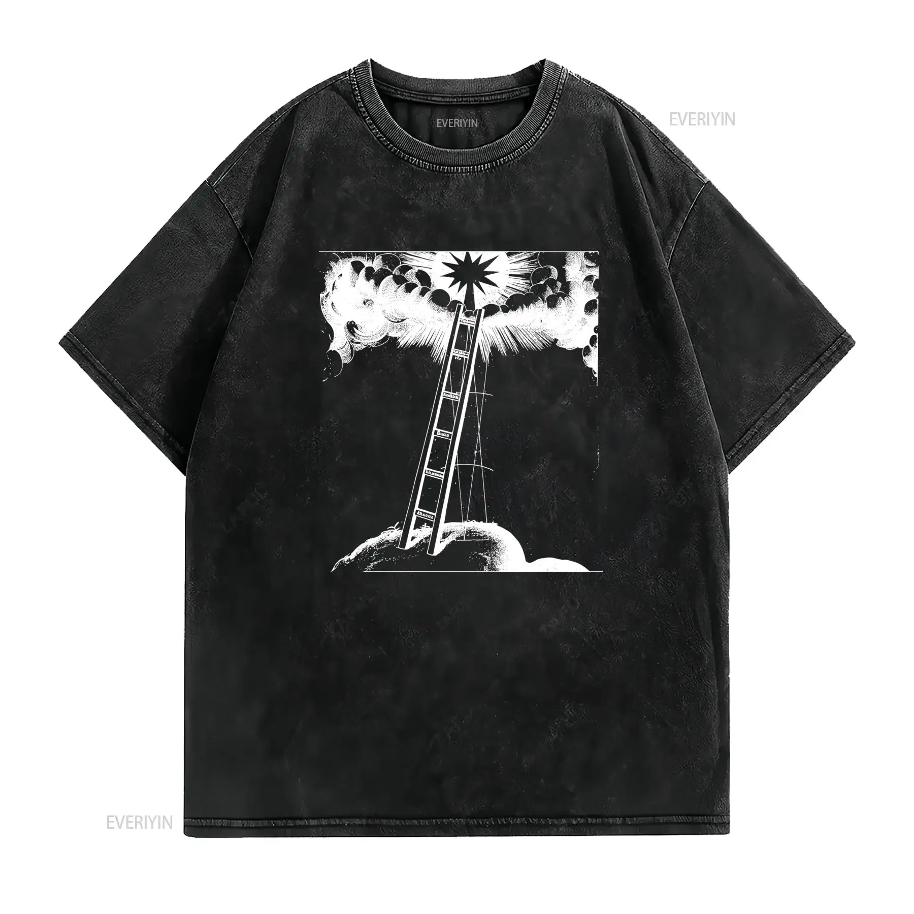 Mystical Line Art Ladder to Heaven Black White Print Streetwear T Shirt vintage Washed Soft Comfortable Slightly Unisex graphic