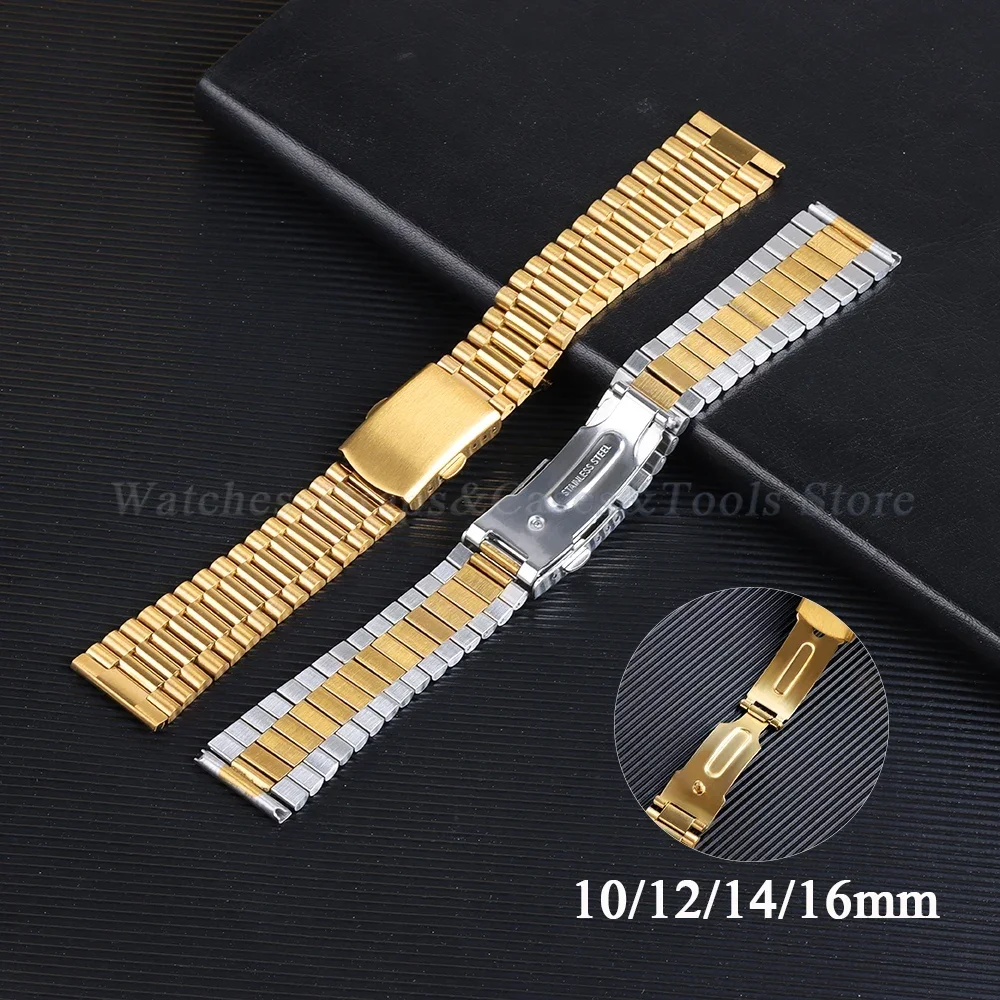 10mm 12mm 14mm 16mm Solid Stainless Steel Watch Bands Metal Business Strap Slim Men\'s Women\'s Watch Silver Gold Wrist Bracelet