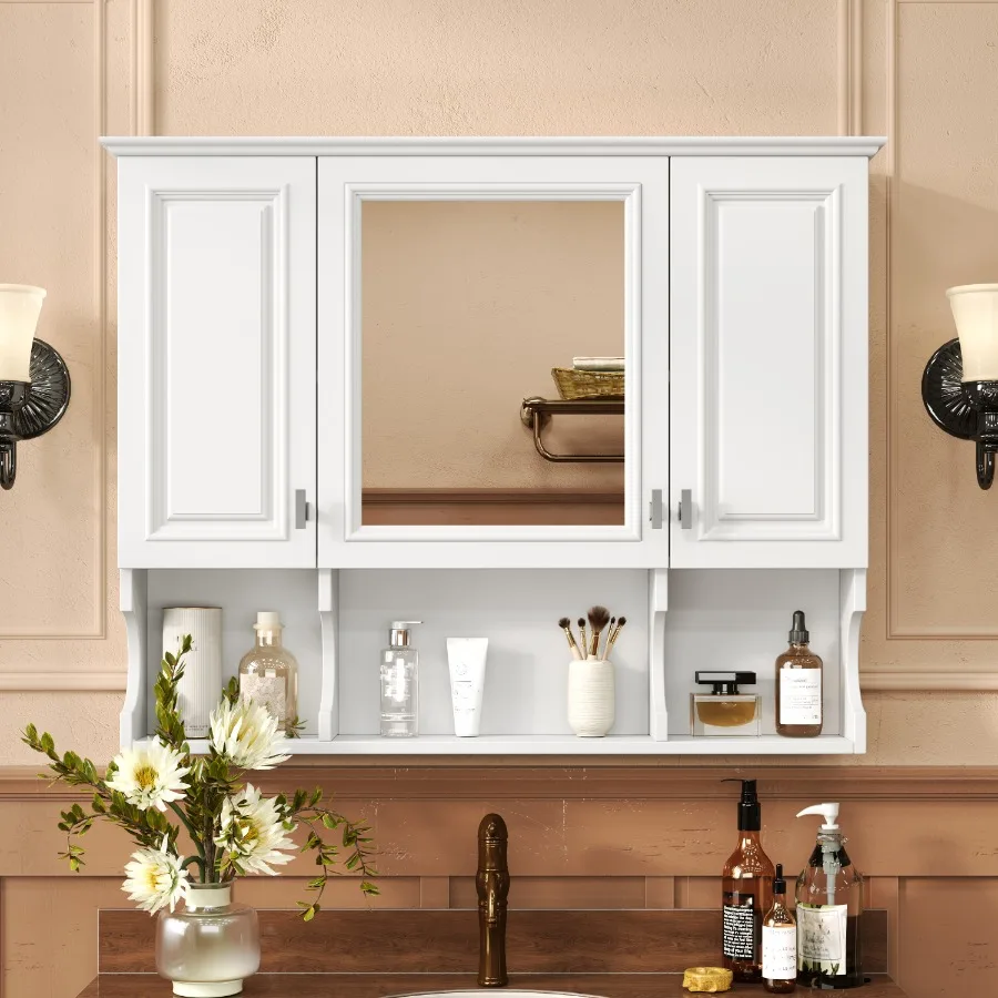 

35'' x 28'' Wall Mounted Bathroom Medicine Cabinet, Modern Bathroom Wall Cabinet with Mirror, Mirror Cabinet with Open Shelves