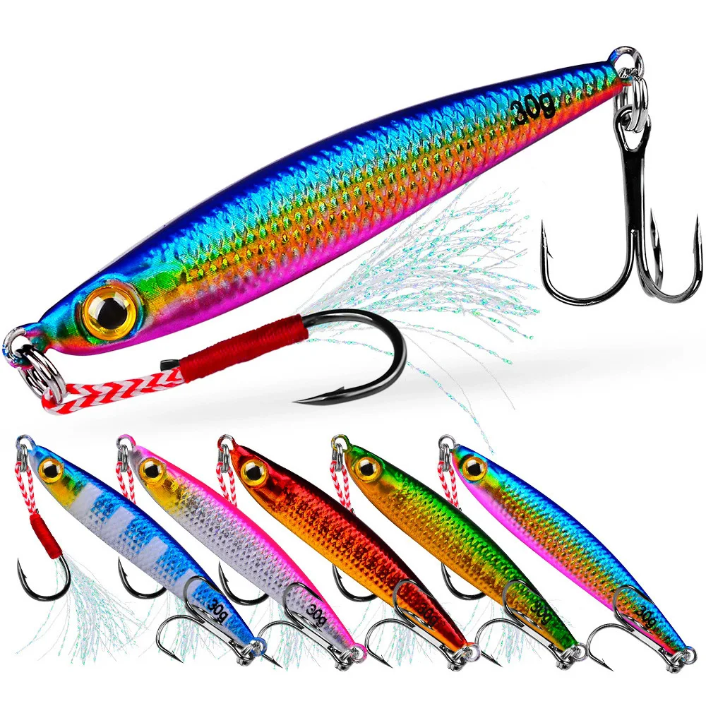 

1pcs Metal Fishing Bait 7g-30g Sinking Sea Bass Lead Jig Fish Lure 5 Color Artificial Lifelike Jigging Lure Bass Hook LF127