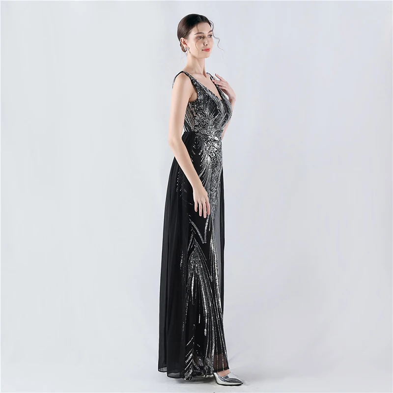 2025 Summer New Vestido De Festa Women Sleeveless Black Silver Sequined Luxury Wedding Party Evening Cocktail Prom Long Dresses