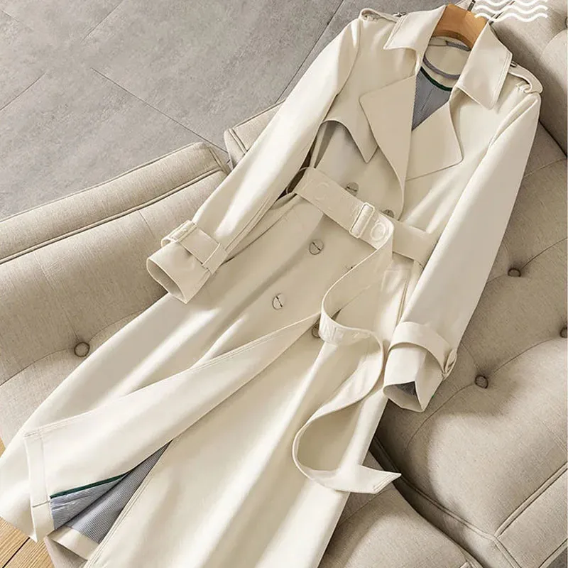 Imagem -02 - Primavera Outono Casual Feminino Mid-length Trench Coat com Carta Bordados Faixas de Lapela Dupla Breasted Feminino Blusão Outwear