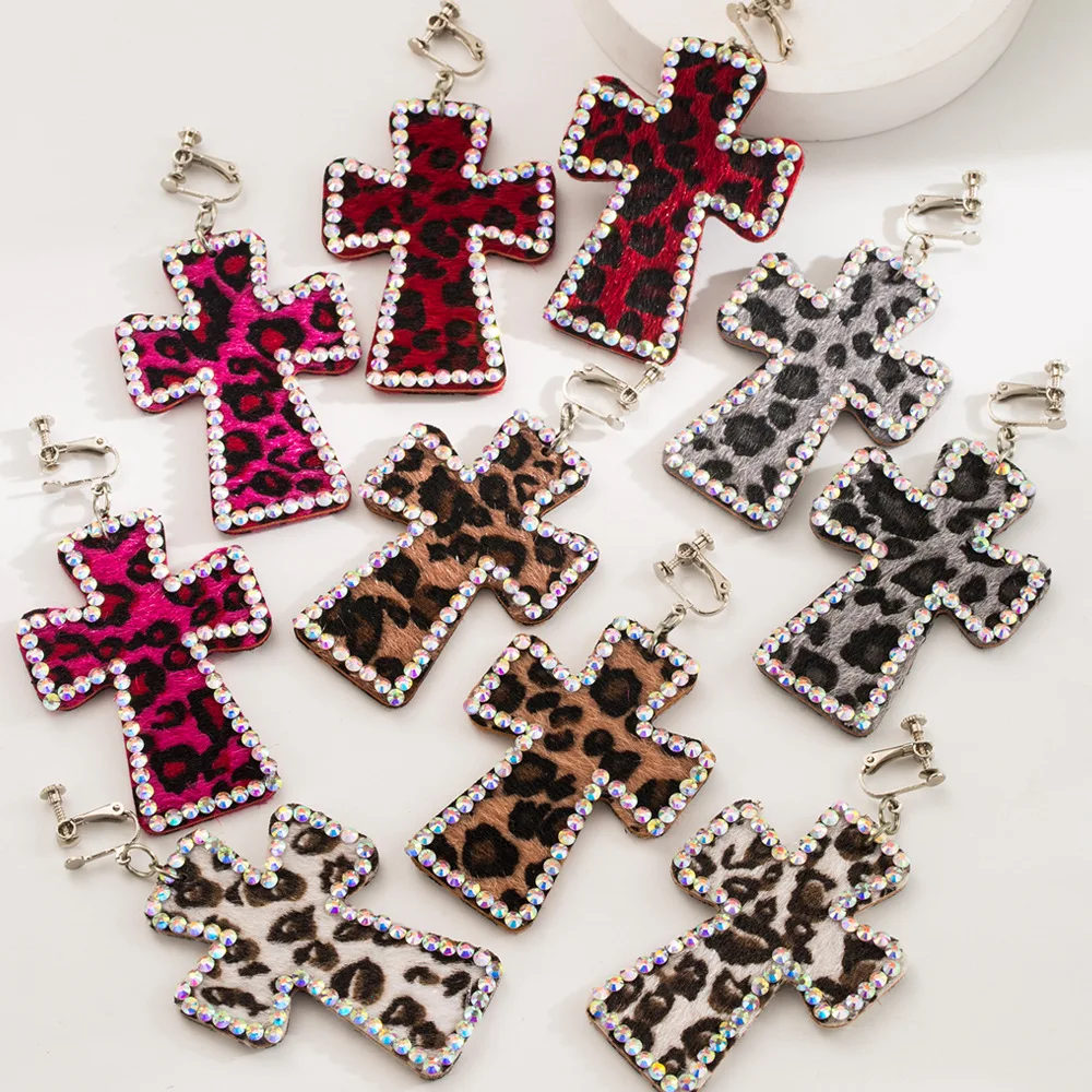Wild Leopard Print Velvet Cross Clip On Earrings Bling Crystal Edged Geometric Statement Dangle Ear Accessories Party Nightwear