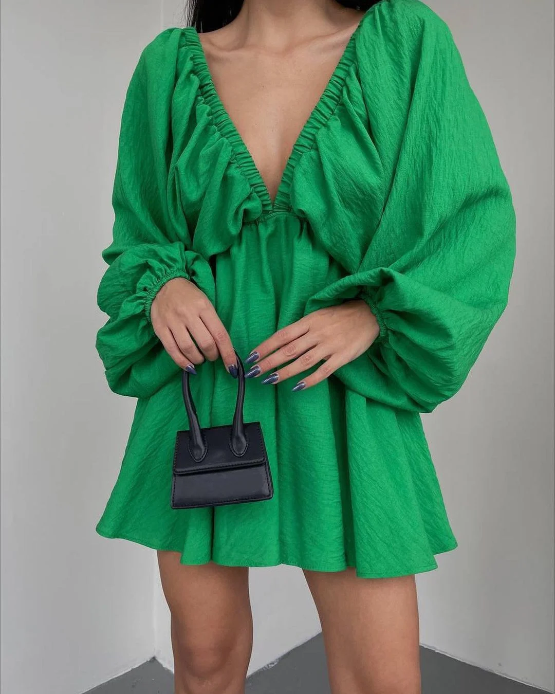 

Womens Dresses 2024 Summer Fashion Puff Sleeve Solid Color Casual V-Neck Long Sleeve Daily Large Hem Mini A-Line Dress