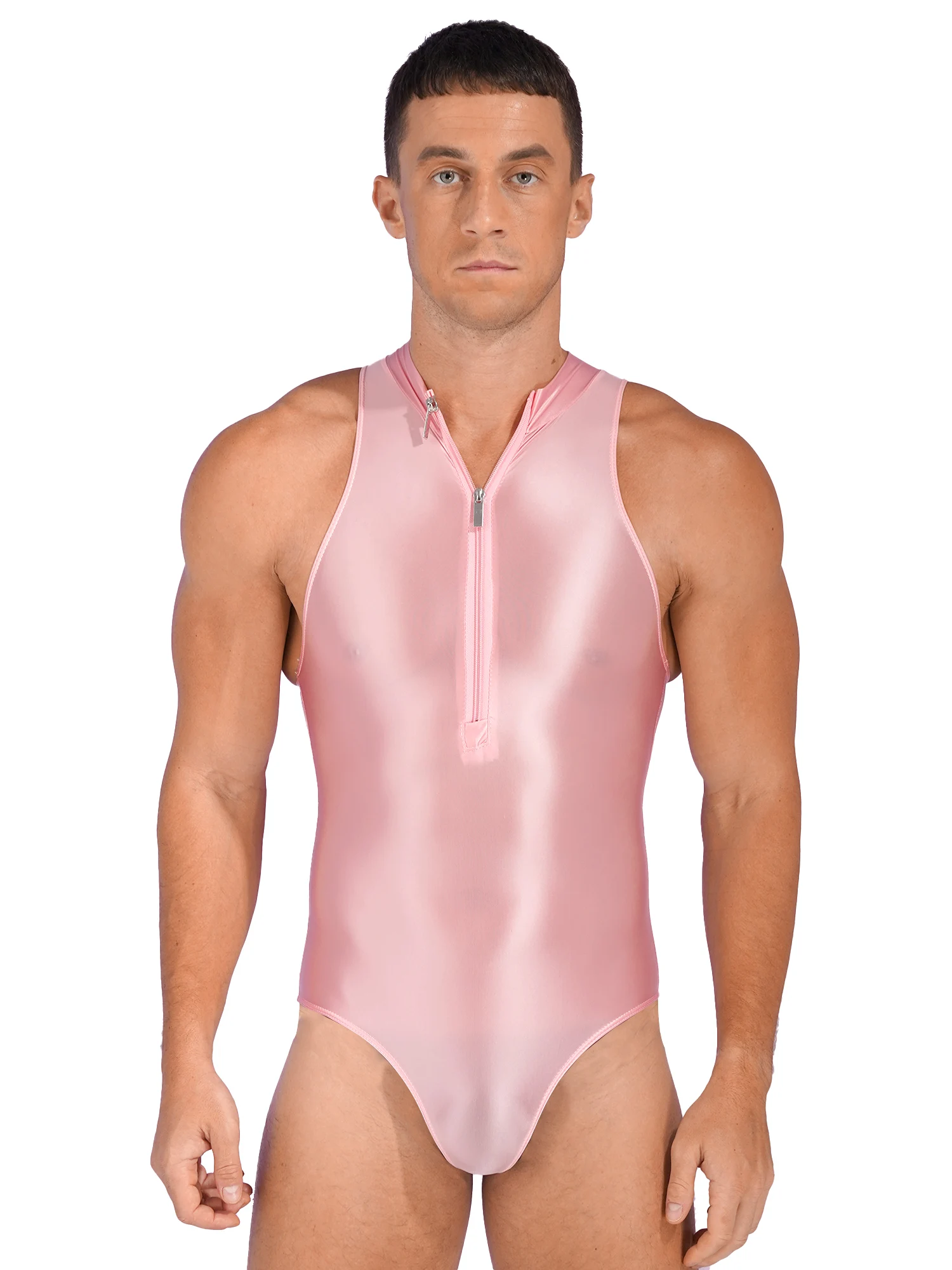 Mens Glossy Sleeveless Bodysuit Swimsuit Lingerie One Piece Playsuits Solid Color Double Zipper Front Leotard Swimwear Nightwear