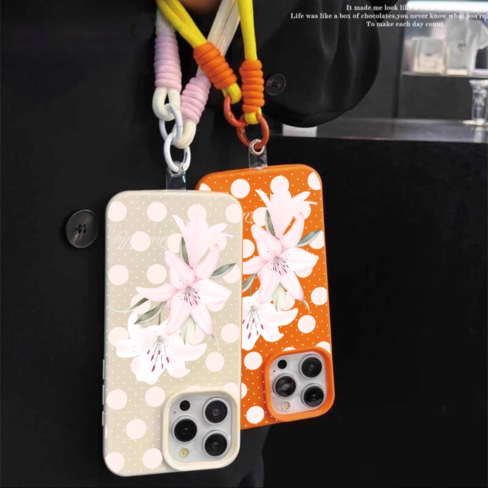 Retro Pink Polka Dot Flower With Lanyard Soft Leather Phone Case For iPhone 17 Pro Max 17 Air 16 14 15 11 12 13 16 Pro XR Cover view 2