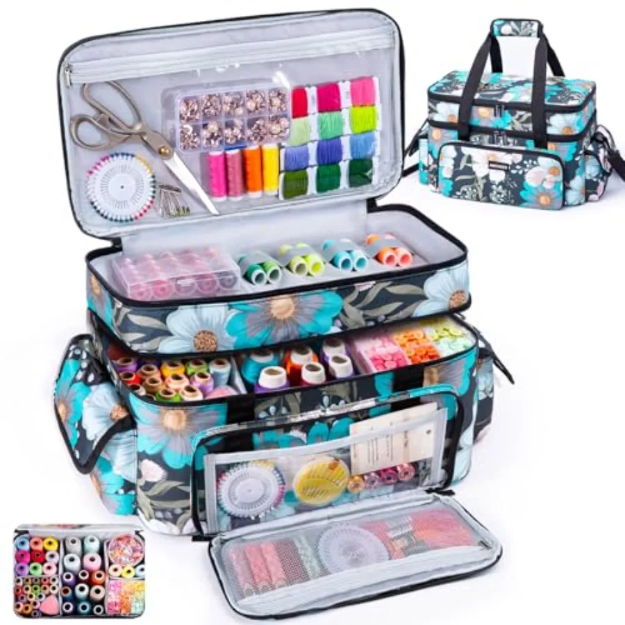 

Large 15 Double-Layer Sewing Storage Bag with Detachable Dividers in Navy Blue for Organizing Sewing Supplies Tools Accessories