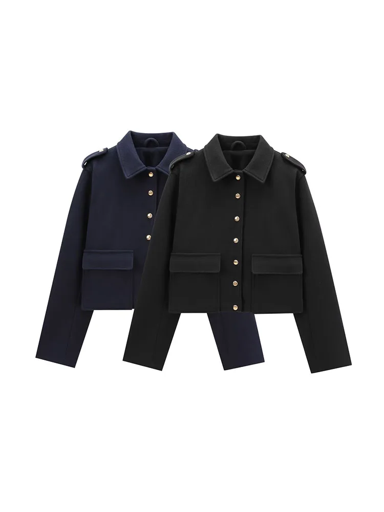 2024 European and American style autumn new commuter versatile lapel gold button navy style short high waist jacket for women