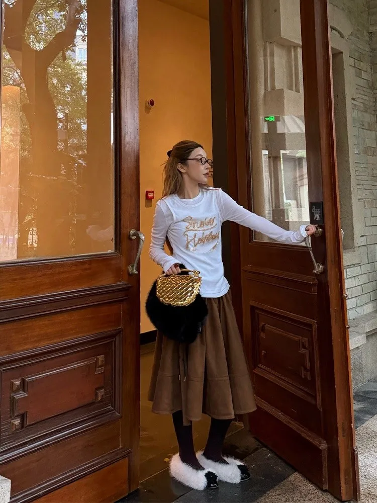 

Женская базовая футболка Gold Tead Letter с эффектом двухслойности, облегающая, из высокоэластичного хлопка и полиэстера, с контрастным дизайном, зимняя