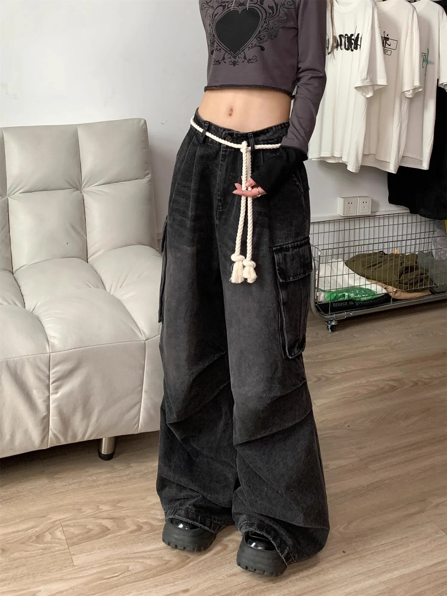 女性のブラックゴシックカジュアルカーゴだぶだぶのパンツ Y2K アメリカ原宿美学オーバーサイズ 90S ルーズワイドレッグレトロパンツ服