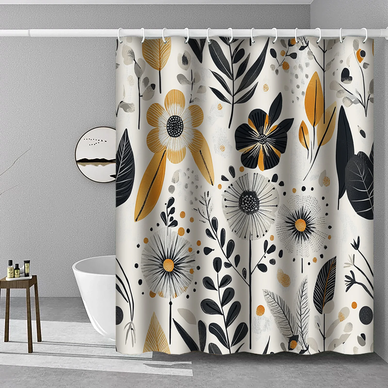 

1 шт. богемная цветочная занавеска, бежевые/черные/оранжевые цветы, зеленые листья, светофильтрация, карман для стержня, декор в стиле бохо