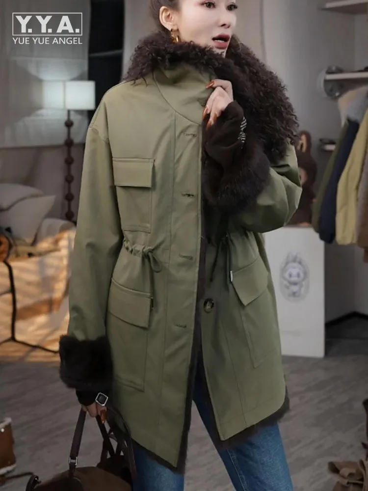 Winter Women Fashion Down Coat Warm Big Fur Collar Casual Overcoat High Street Lady Drawstring Waist Cinching Medium Long Jacket