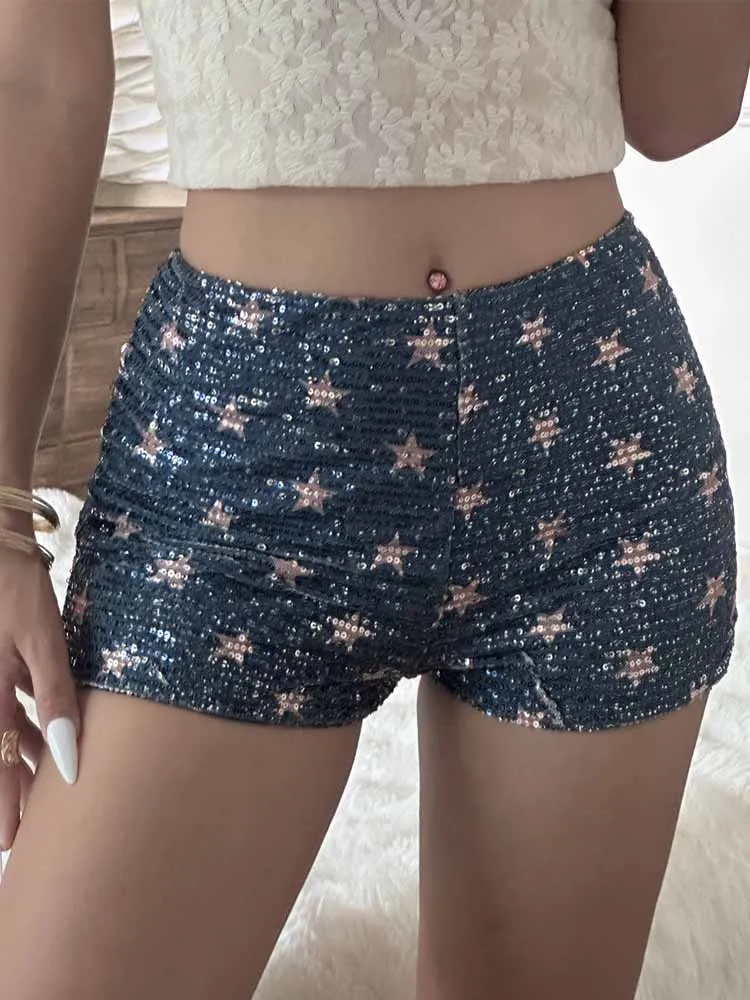 

BKQU шорты Y2k с принтом звезд, сексуальные мини-шорты с блестками и пайетками, модные узкие шорты для ночного клуба для девочек, уличная одежда 2025
