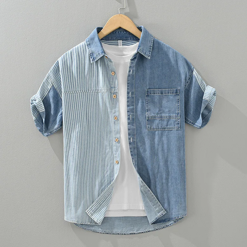 Loose Fit Men's Short Sleeve Denim Shirt Color Block Striped Design Summer New Style Casual Breathable Cotton American Style
