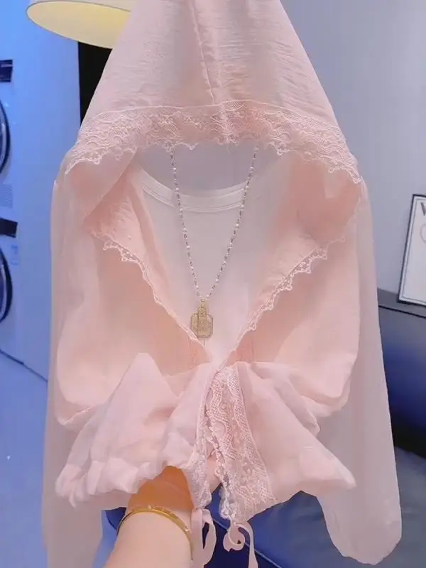 

Women's Summer New Style Sun Protection Shirt Lightweight Breathable Lace Trimmed Hat Hooded Thin Outerwear Pink Floral Print