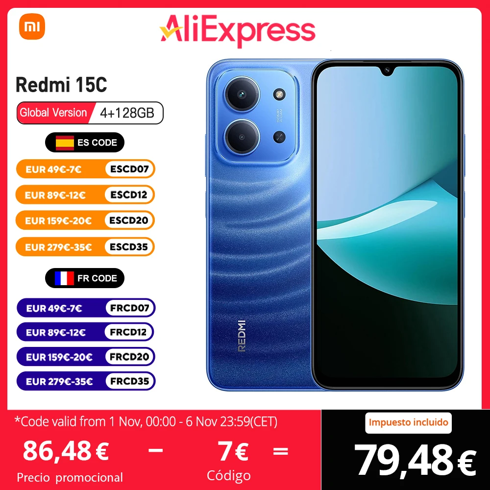 Xiaomi Redmi 15C Versión Global MediaTek Helio G81 Ultra Pantalla de 6.9",120Hz, 50MP Cámara, 6000mAh, NFC, Sin Cargador