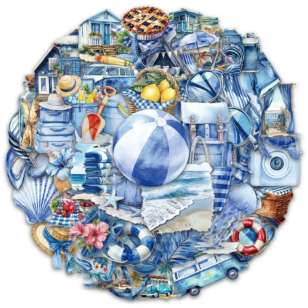 

10/30/50pcs INS Style Blue Summer Beach Stickers for Notebook Laptop Suitcase Cute Cartoon Decals Transparent Decoration Sticker