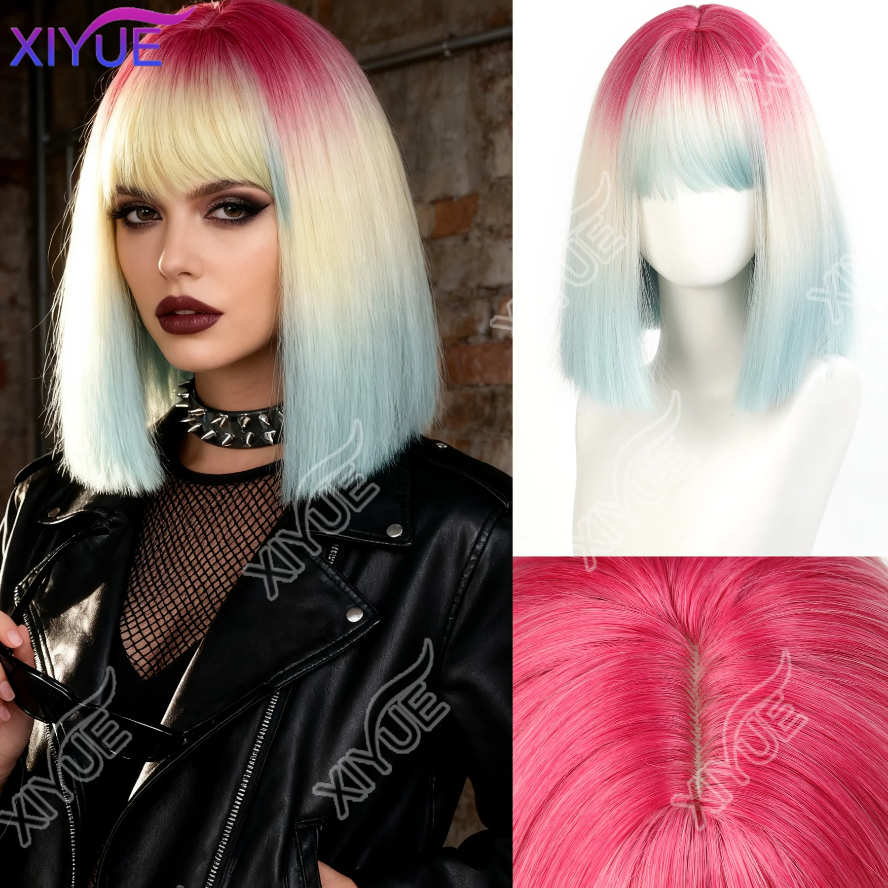 

synthetic Pink gradient blue Short Straight Hair Wig for Women with Bangs Gradient Highlights Lolita Bob Wigs Wig Pastel