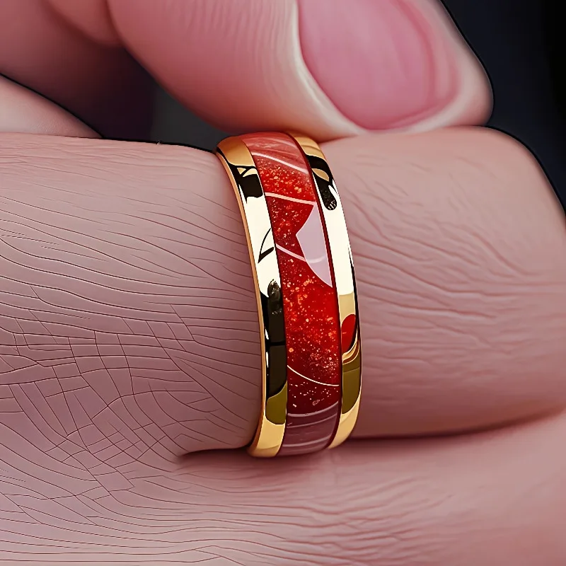2025 New 8mm Men's Ring with Red Vein Pattern in 18K Gold Plated Stainless Steel - Image 4