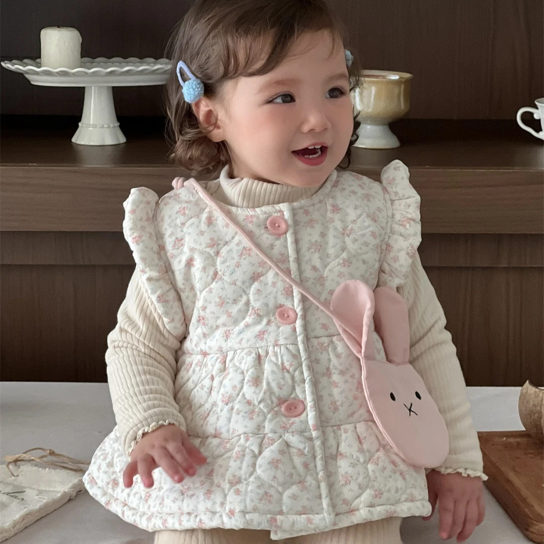 Girls Waistcoat 2026 Spring and Summer New Childrens Clothing Korean Girl Baby Thickened with Cotton Fly Sleeve Floral Waistcoat