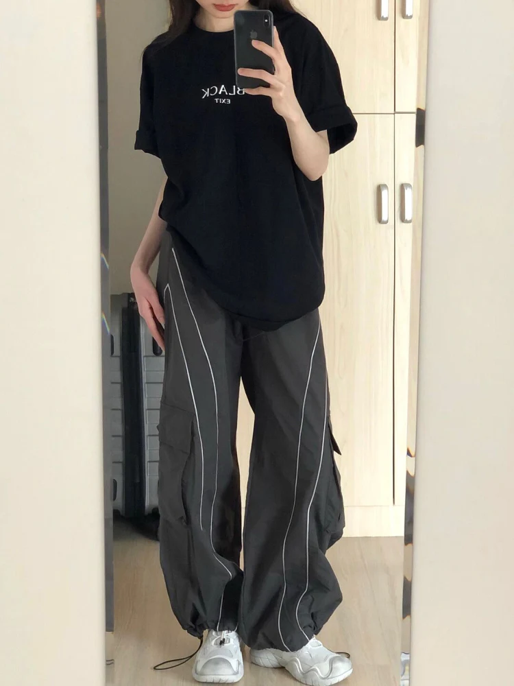 กางเกงทำงานทรงหลวมสไตล์อเมริกันย้อนยุค ลายทาง แห้งเร็ว สำหรับผู้หญิง ฤดูใบไม้ผลิ ฤดูใบไม้ร่วง รุ่นใหม่ ไซส์ใหญ่ ทรงขากว้าง สบายๆ