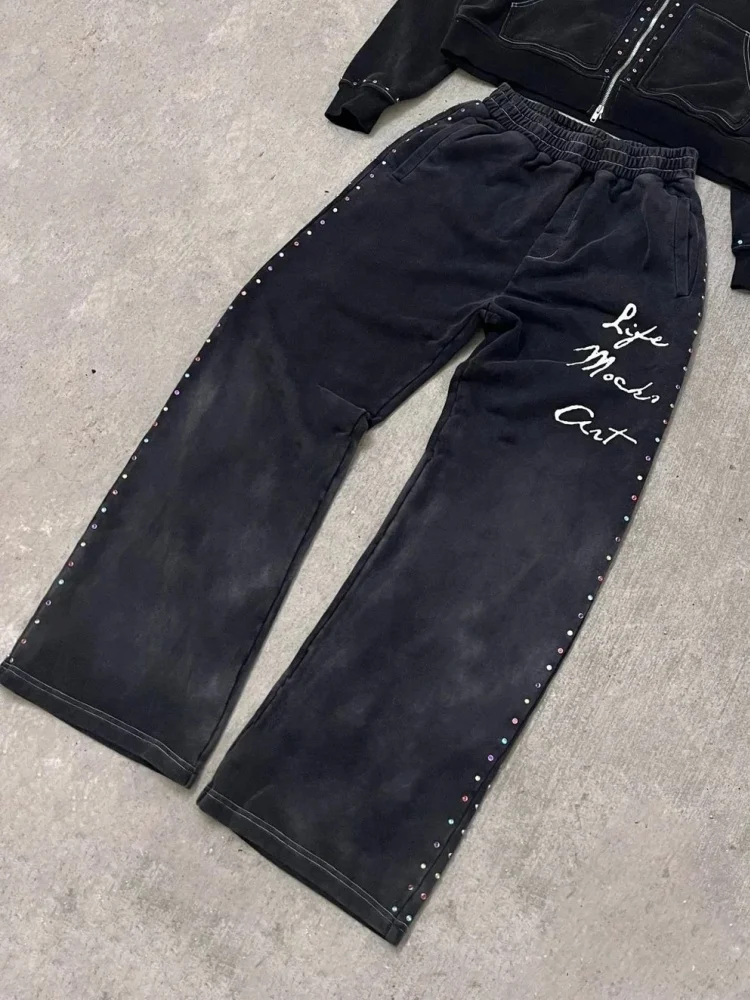 الشتاء الرجعية حجر الراين غسلها Sweatpants Y2K الهيب هوب الشارع نمط فضفاض للجنسين سراويل تقليدية للرجال والنساء #1