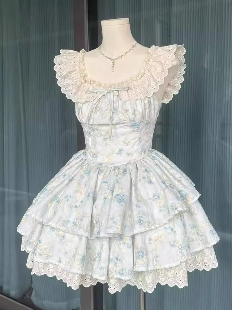 Lolita Zoete Bloemen Jurk Vrouwen Slanke Vliegende Mouw Elegante Leuke Mini Jurk Vintage Casual Kant Patchwork Kawaii Vestidos