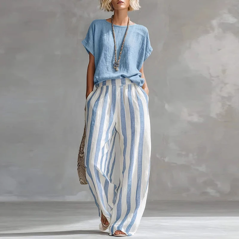 

Vintage Women Two Piece Set O Neck Loose Short Sleeve Women T-Shirts Striped Printed Pants Suit Women Summer Casual Outfits