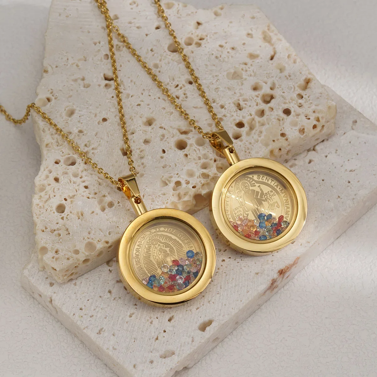 Versatile Gold round double-sided wearing strap necklace titanium steel religious holy card pendant female jewelry